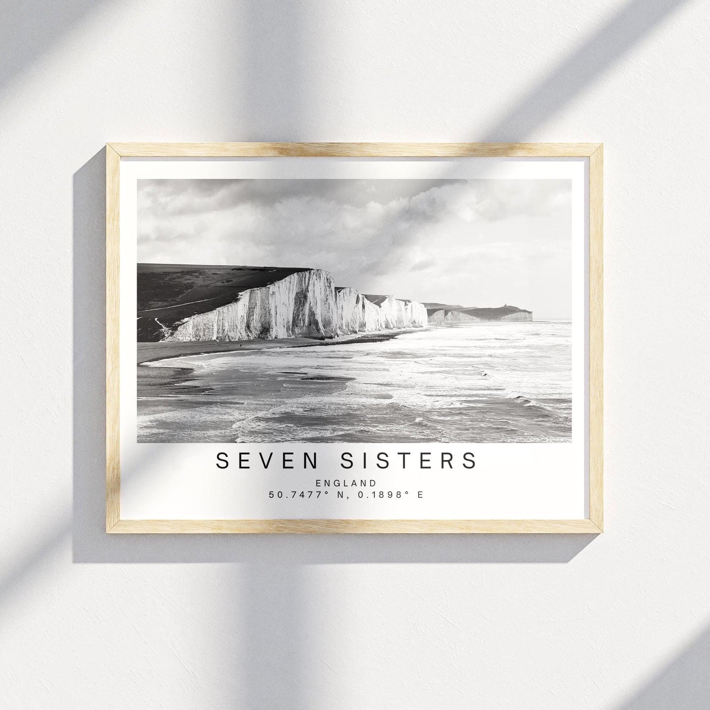 Black and white Seven Sisters Travel Poster - East Sussex Coastal Wall Art Print, Framed Photography Personalized Gift