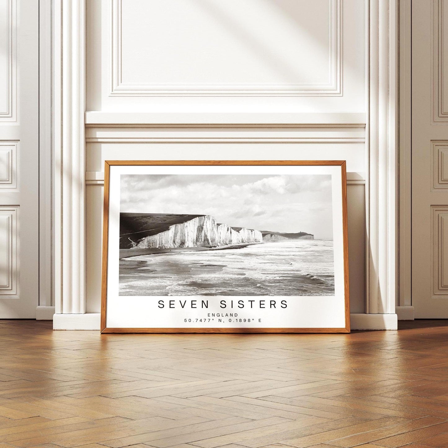 Black and white Seven Sisters Travel Poster - East Sussex Coastal Wall Art Print, Framed Photography Personalized Gift
