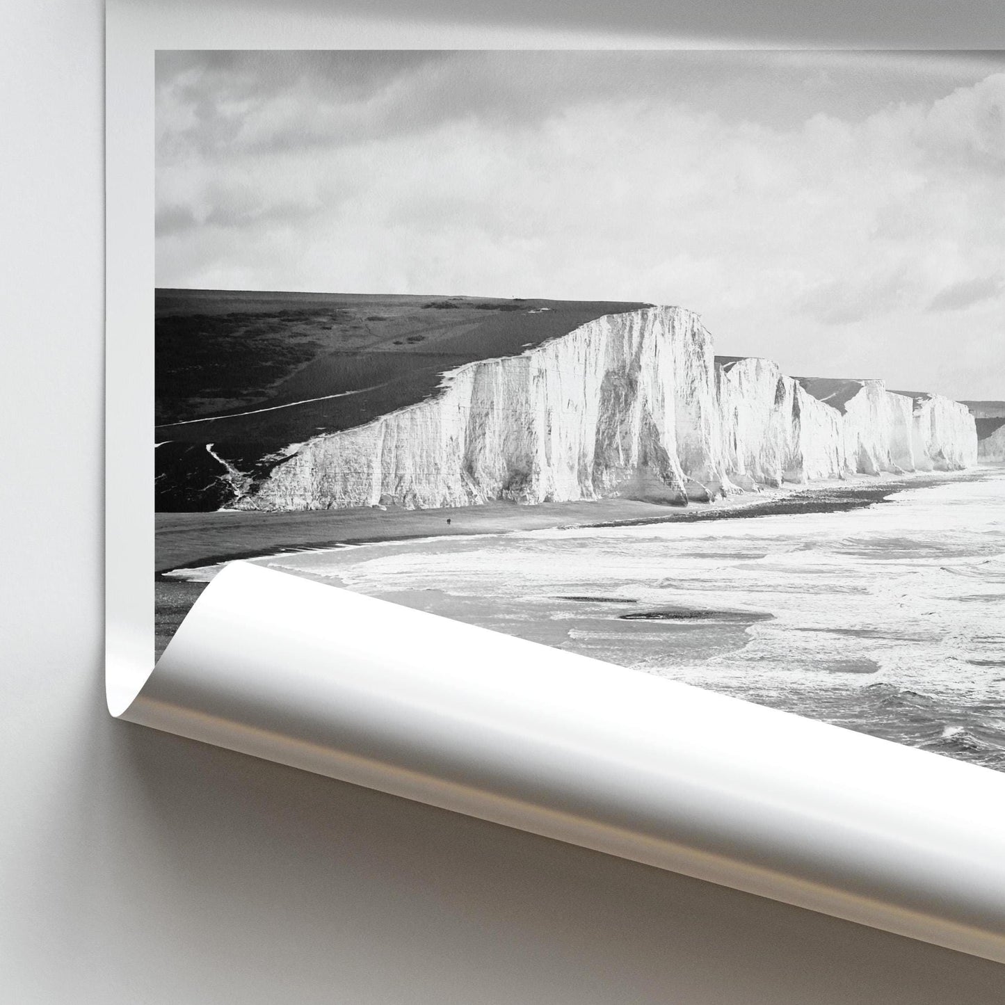 Black and white Seven Sisters Travel Poster - East Sussex Coastal Wall Art Print, Framed Photography Personalized Gift