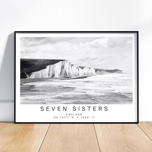 Black and white Seven Sisters Travel Poster - East Sussex Coastal Wall Art Print, Framed Photography Personalized Gift