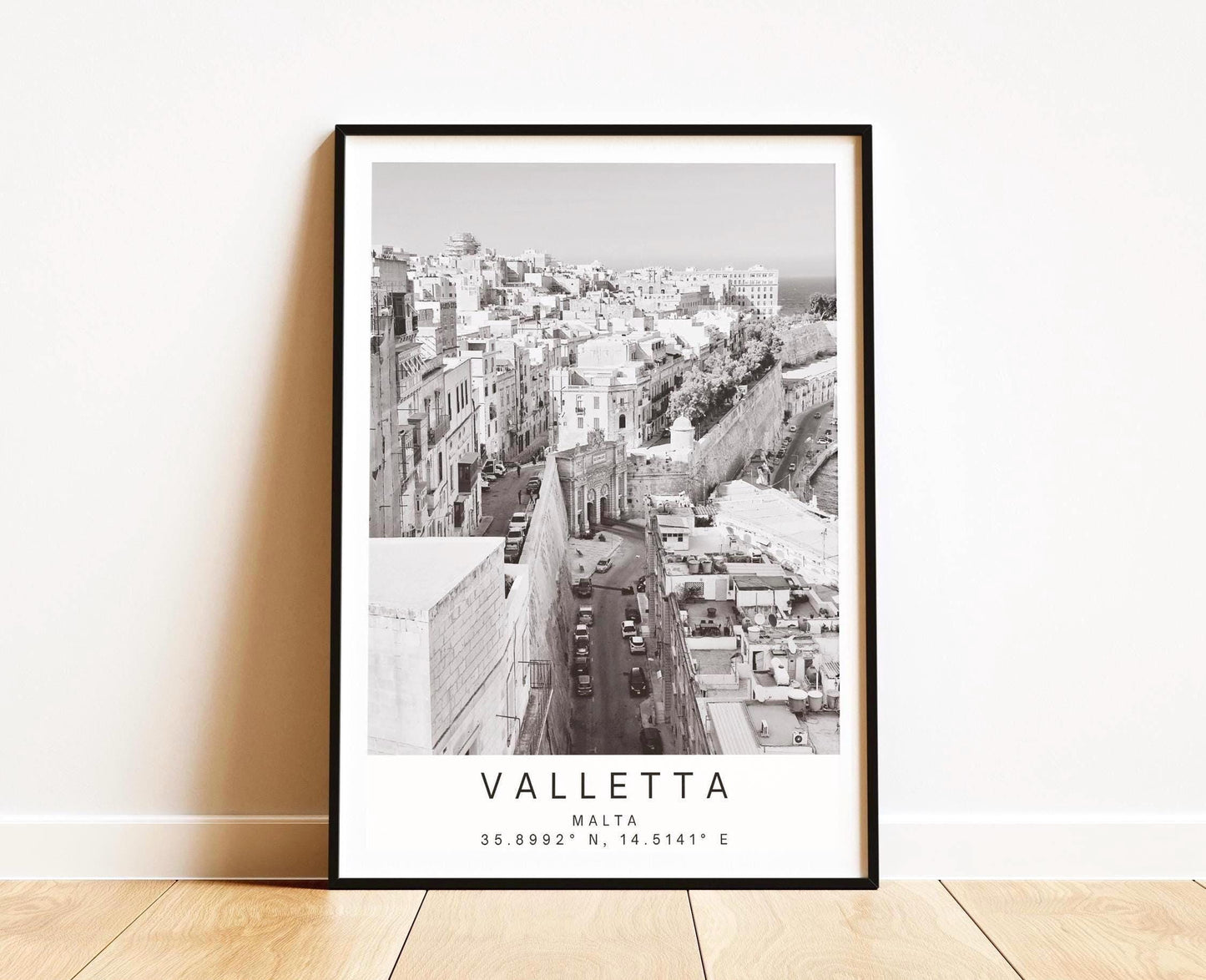 Valletta Malta Travel Print: Black and white Coastal City Photography Wall Art Poster