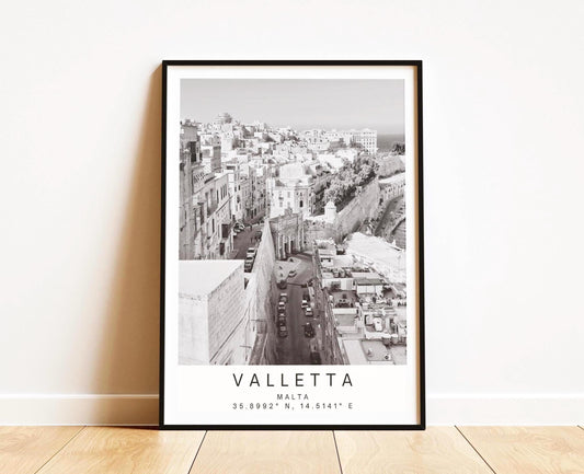 Valletta Malta Travel Print: Black and white Coastal City Photography Wall Art Poster