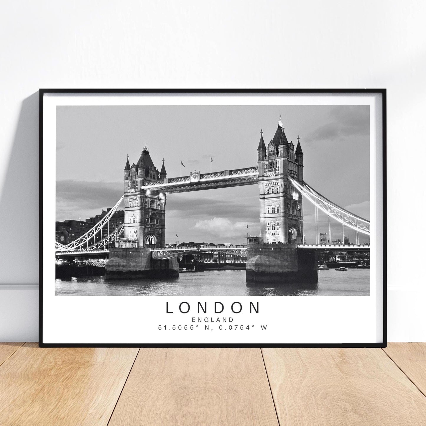 Personalised Tower Bridge Print - London Coordinates Wall Art, Custom Travel Gift, , Black and white photography - Matthew Webb Photography
