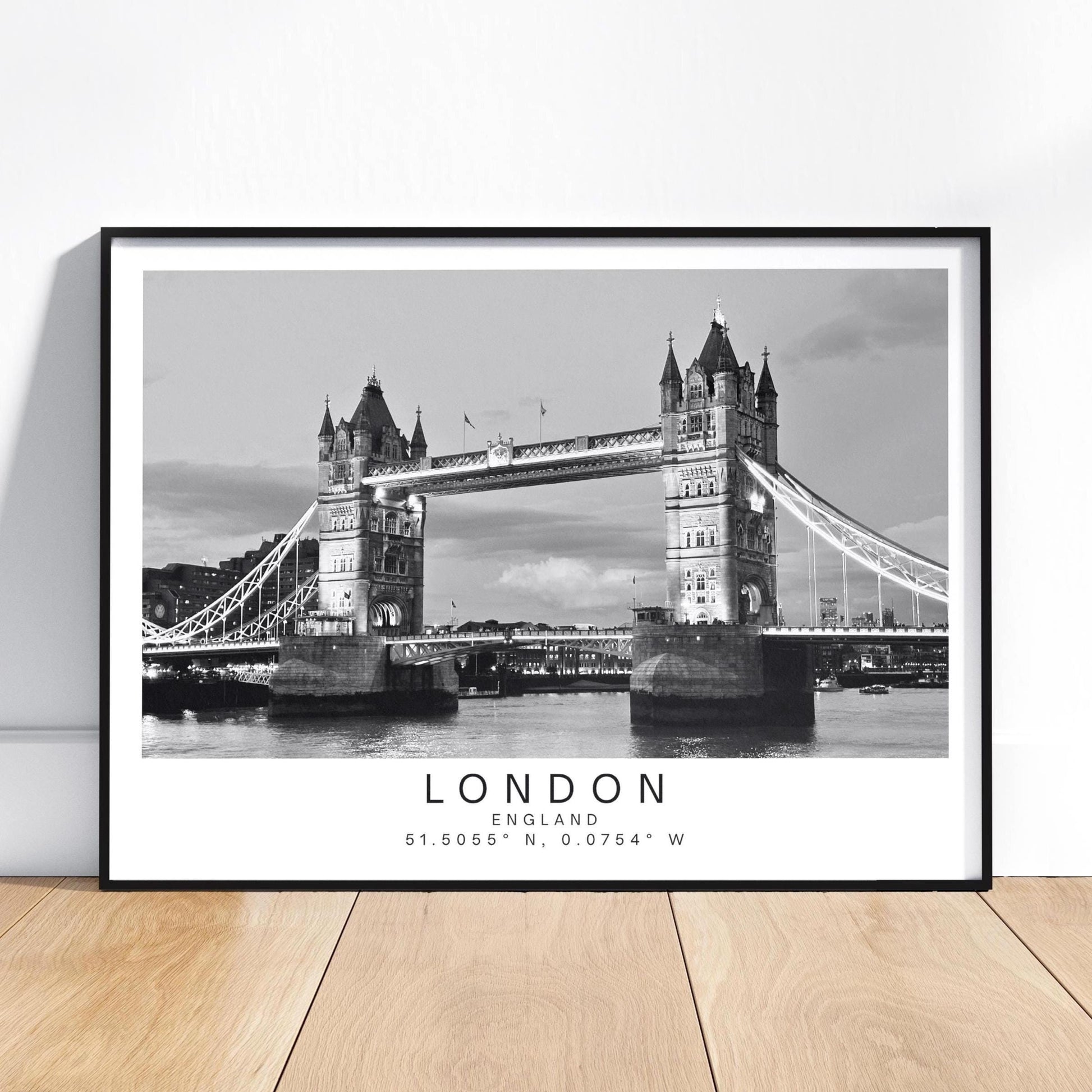 Personalised Tower Bridge Print - London Coordinates Wall Art, Custom Travel Gift, , Black and white photography - Matthew Webb Photography