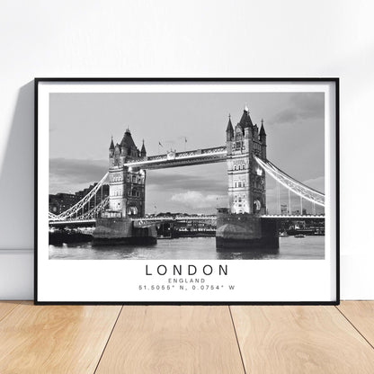 Personalised Tower Bridge Print - London Coordinates Wall Art, Custom Travel Gift, , Black and white photography - Matthew Webb Photography