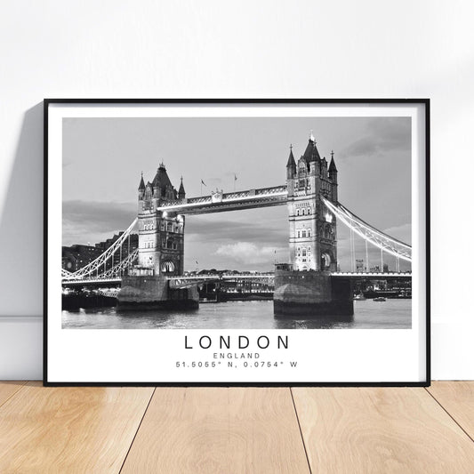 Personalised Tower Bridge Print - London Coordinates Wall Art, Custom Travel Gift, , Black and white photography - Matthew Webb Photography
